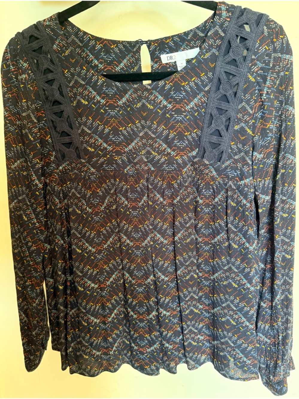 DR2 Navy Crochet-Trim Blouse with Multicolor Speckle